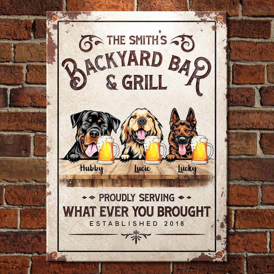 Backyard Bar & Grill - Funny Personalized Dog Metal Sign 1