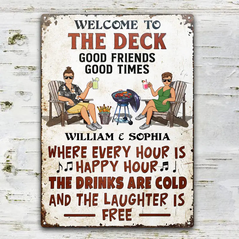 Patio Grilling Where Every Hour Is Happy Hour Couple Husband Wife - Backyard Sign - Personalized Custom Classic Metal Signs F48