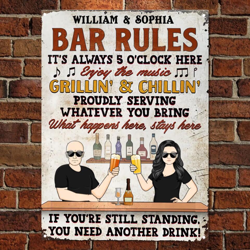 Bar Rules What Happens Here Stays Here Grilling Patio Couple Husband Wife - Backyard Sign - Personalized Custom Classic Metal Signs msf135