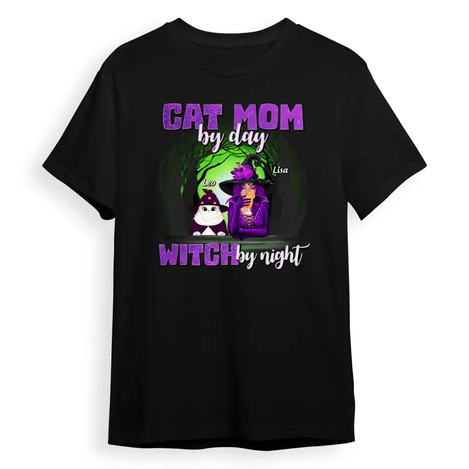 T-F130 Cat Mom By Day Witch By Night - Personalized Unisex T-Shirt, Hoodie, Sweatshirt - Gift For Witches, Gift For Pet Lovers, Halloween Gift