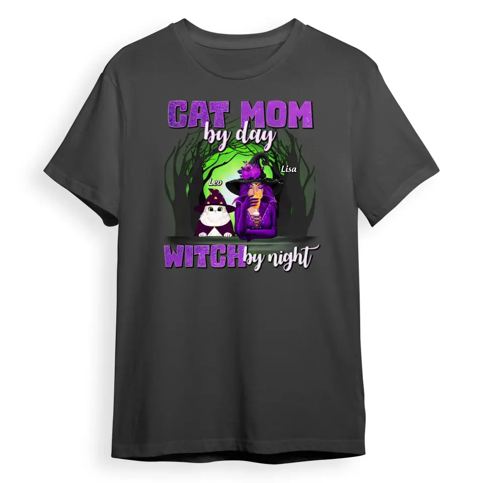 T-F130 Cat Mom By Day Witch By Night - Personalized Unisex T-Shirt, Hoodie, Sweatshirt - Gift For Witches, Gift For Pet Lovers, Halloween Gift