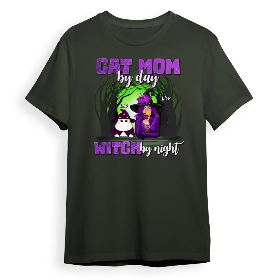 T-F130 Cat Mom By Day Witch By Night - Personalized Unisex T-Shirt, Hoodie, Sweatshirt - Gift For Witches, Gift For Pet Lovers, Halloween Gift