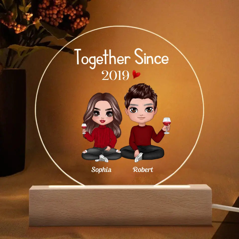 Doll Couple Sitting Valentine Anniversary Gift For Him Gift For Her Personalized Circle Acrylic Plaque LED Lamp Night Light PL-F55