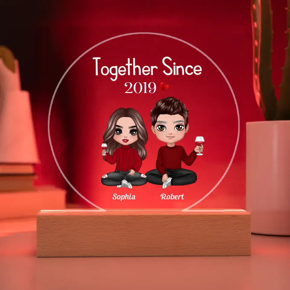 Doll Couple Sitting Valentine Anniversary Gift For Him Gift For Her Personalized Circle Acrylic Plaque LED Lamp Night Light PL-F55