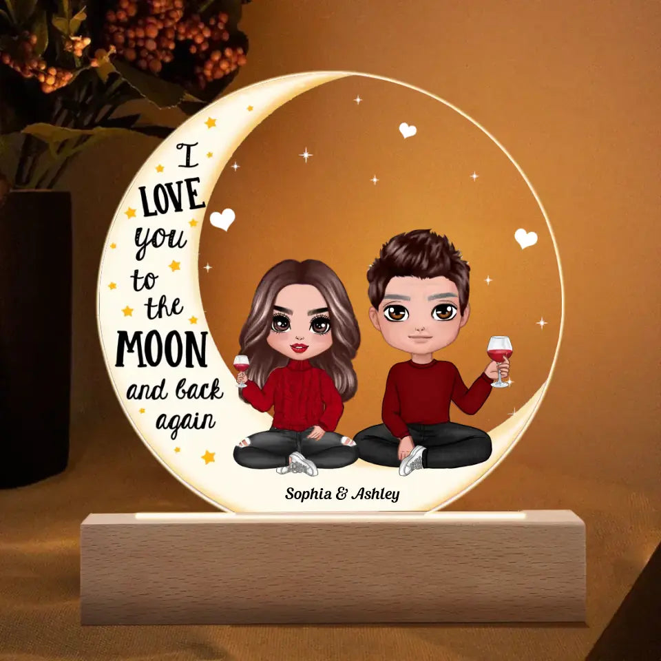 Love You To The Moon Doll Couple On Moon Personalized Circle Acrylic Plaque With LED Night Light - Valentine‘s Day Gift - Anniversary Gift For Her - Gift For Him PL-F54