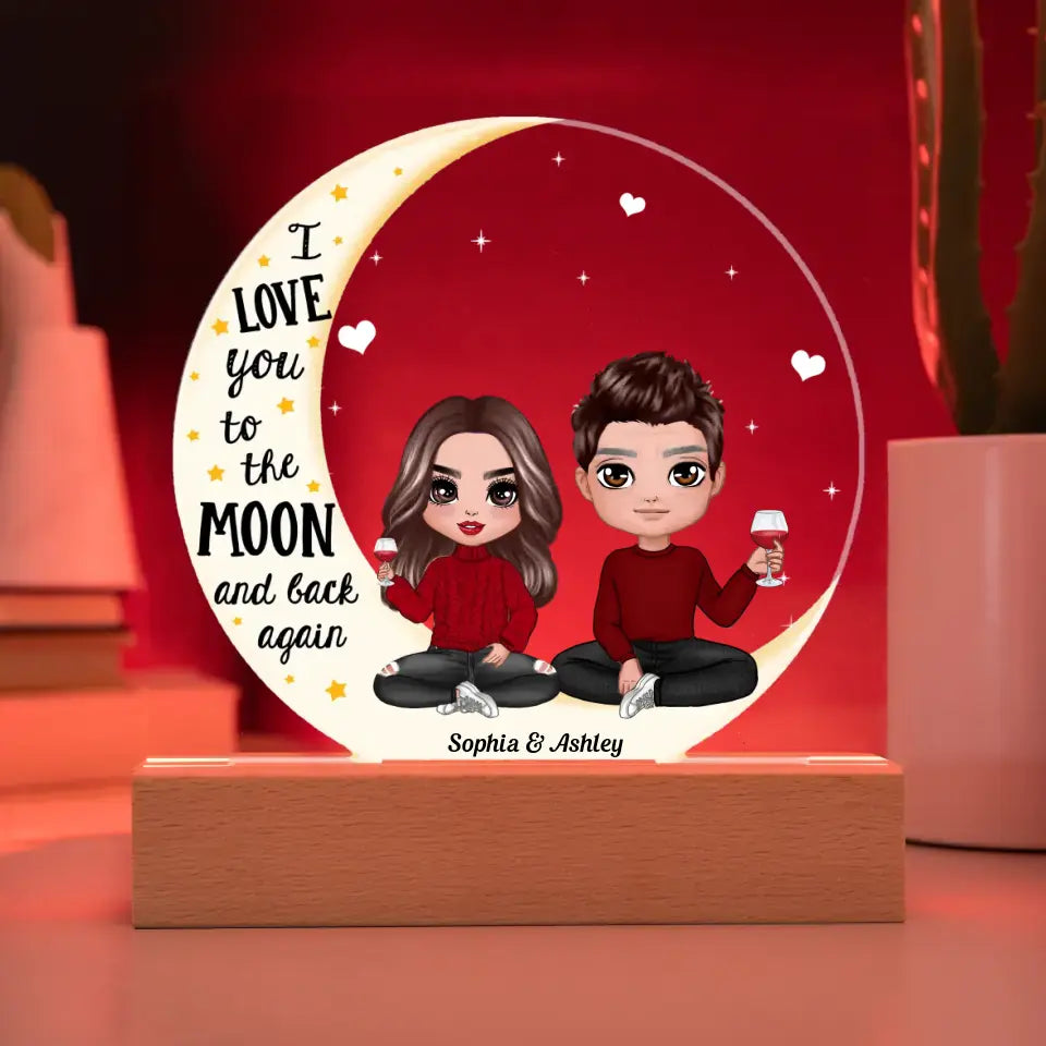 Love You To The Moon Doll Couple On Moon Personalized Circle Acrylic Plaque With LED Night Light - Valentine‘s Day Gift - Anniversary Gift For Her - Gift For Him PL-F54