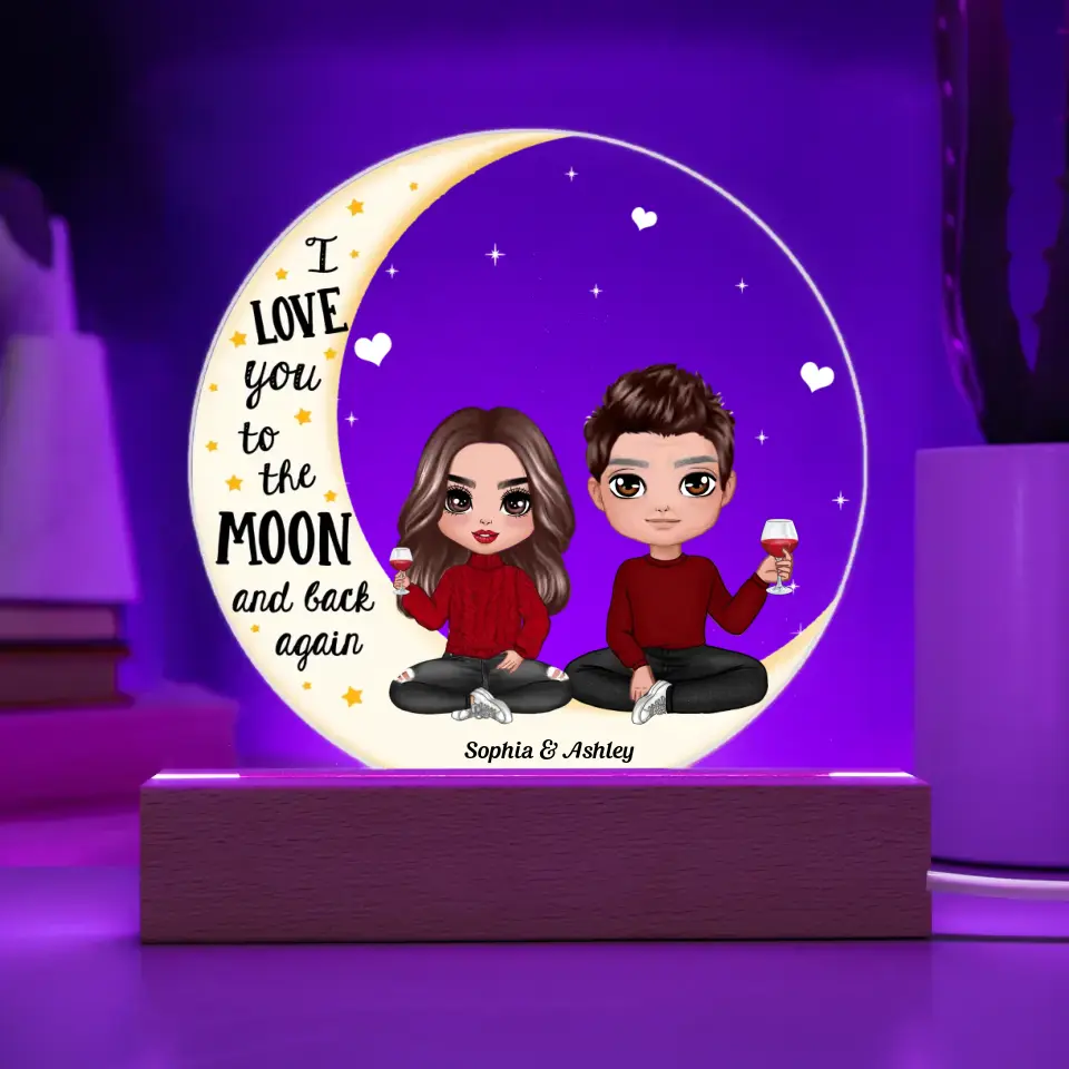 Love You To The Moon Doll Couple On Moon Personalized Circle Acrylic Plaque With LED Night Light - Valentine‘s Day Gift - Anniversary Gift For Her - Gift For Him PL-F54