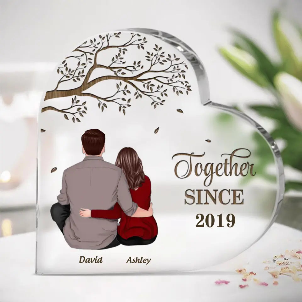 Back View Couple Sitting Under Tree Personalized Acrylic Heart Plaque PL-F44