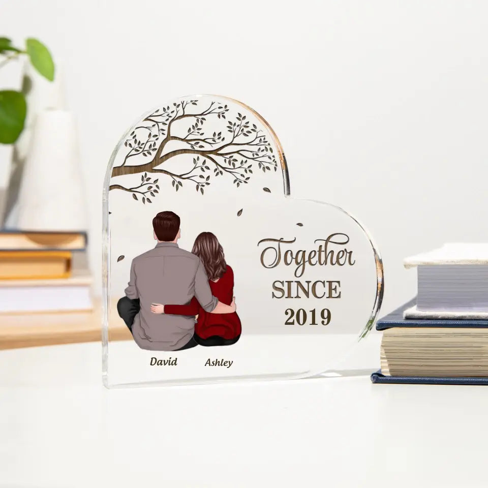 Back View Couple Sitting Under Tree Personalized Acrylic Heart Plaque PL-F44