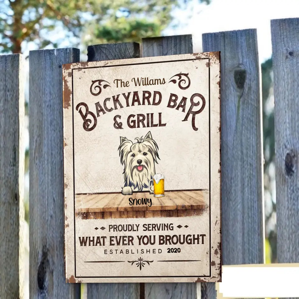 Backyard Bar & Grill - Funny Personalized Dog Metal Sign 1