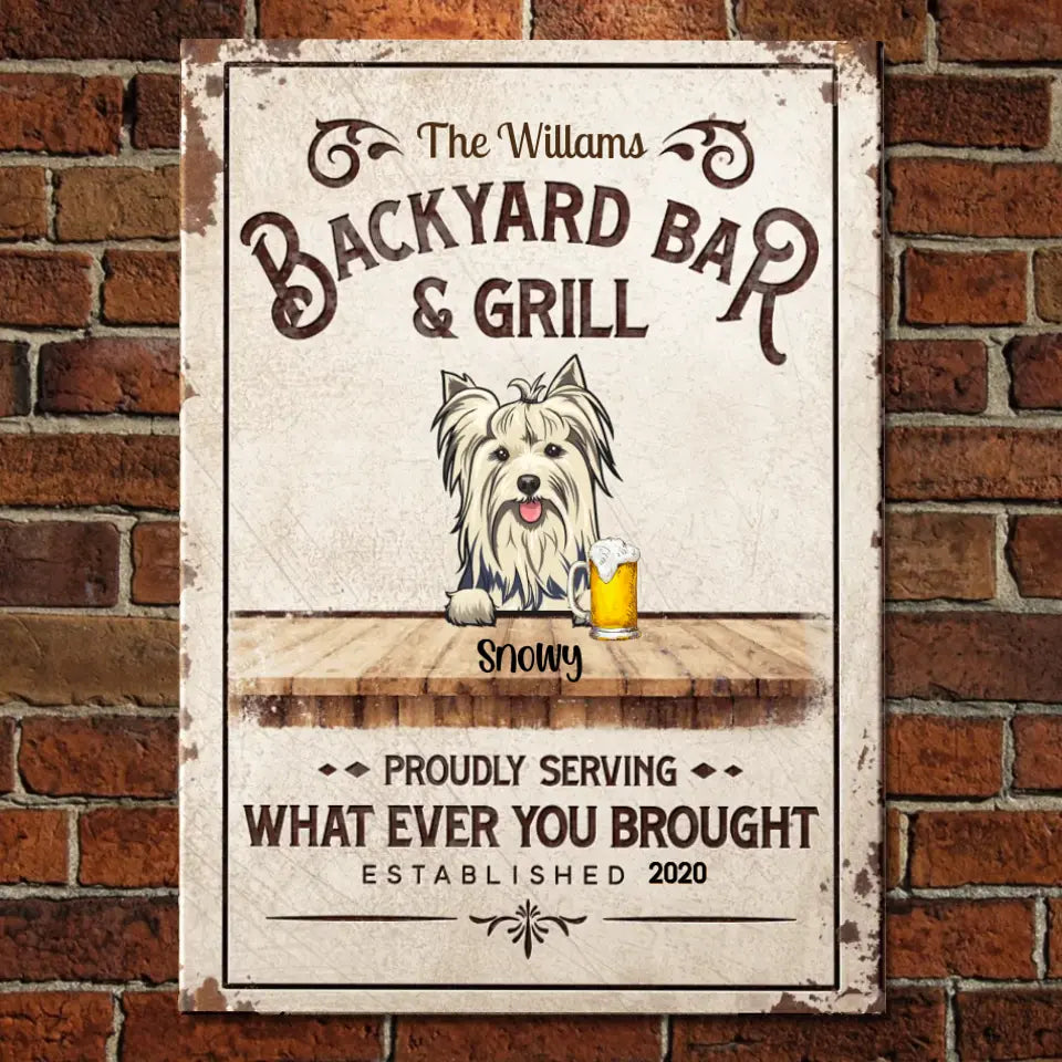 Backyard Bar & Grill - Funny Personalized Dog Metal Sign 1