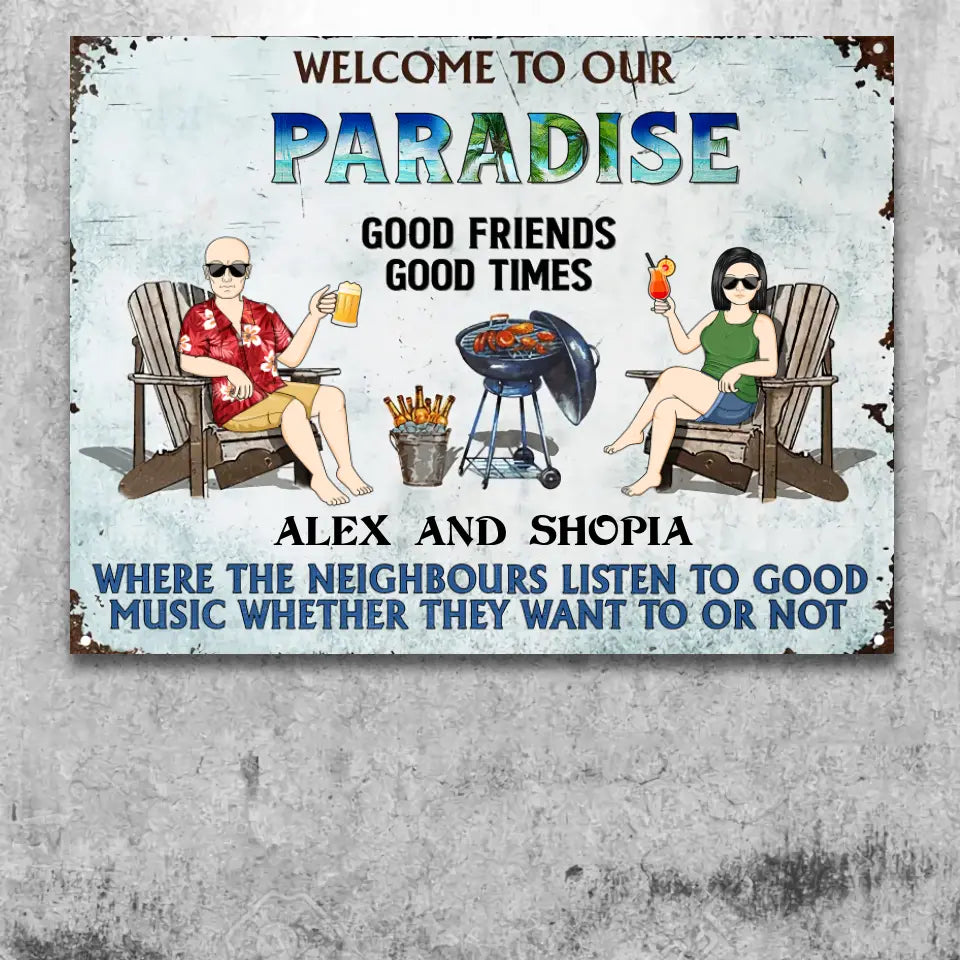 Poolside Grilling Listen To The Good Music Couple Husband Wife - Backyard Sign - Personalized Custom Classic Metal Signs f16