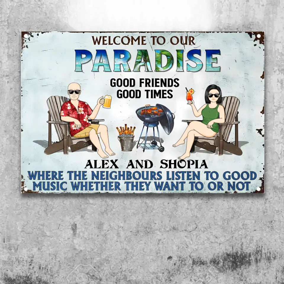 Poolside Grilling Listen To The Good Music Couple Husband Wife - Backyard Sign - Personalized Custom Classic Metal Signs f16