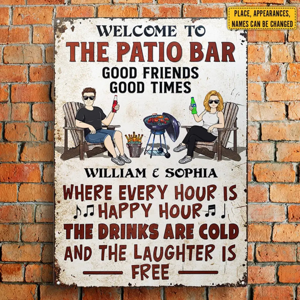 Patio Grilling Where Every Hour Is Happy Hour Couple Husband Wife - Backyard Sign - Personalized Custom Classic Metal Signs F48