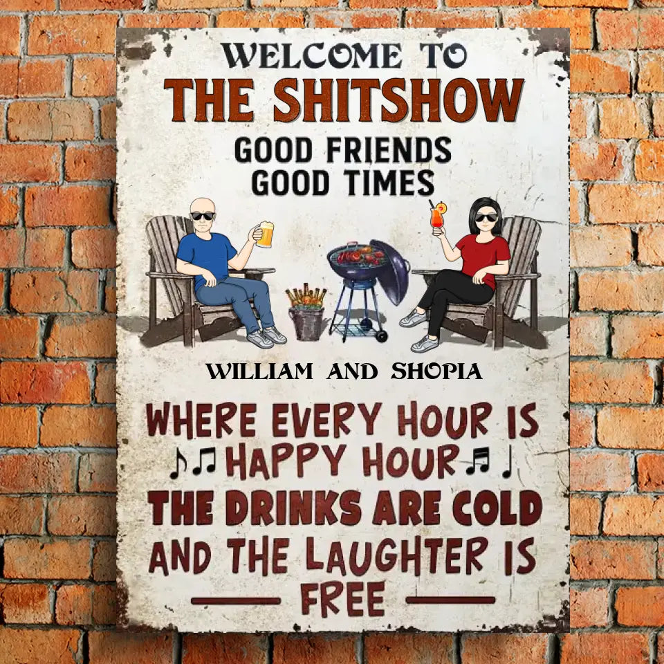 Patio Grilling Where Every Hour Is Happy Hour Couple Husband Wife - Backyard Sign - Personalized Custom Classic Metal Signs F48