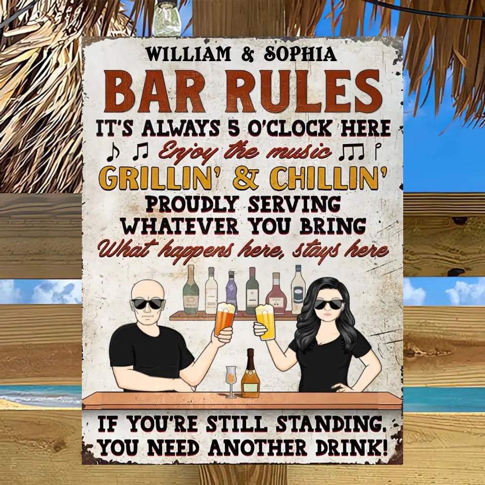 Bar Rules What Happens Here Stays Here Grilling Patio Couple Husband Wife - Backyard Sign - Personalized Custom Classic Metal Signs msf135