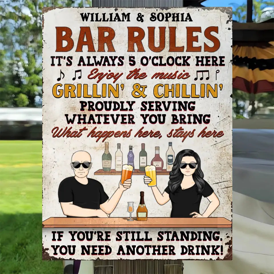 Bar Rules What Happens Here Stays Here Grilling Patio Couple Husband Wife - Backyard Sign - Personalized Custom Classic Metal Signs msf135