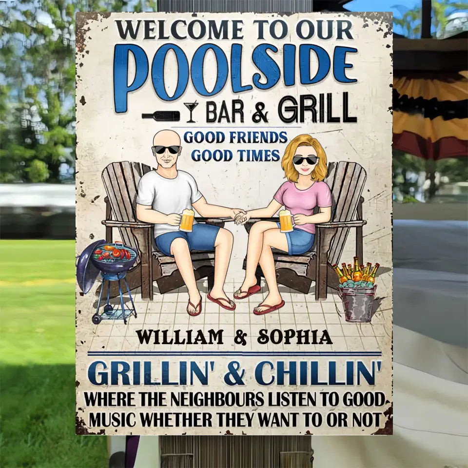 Swimming Poolside Family Couple Listen To The Good Music - Pool Sign - Personalized Custom Classic Metal Signs F139