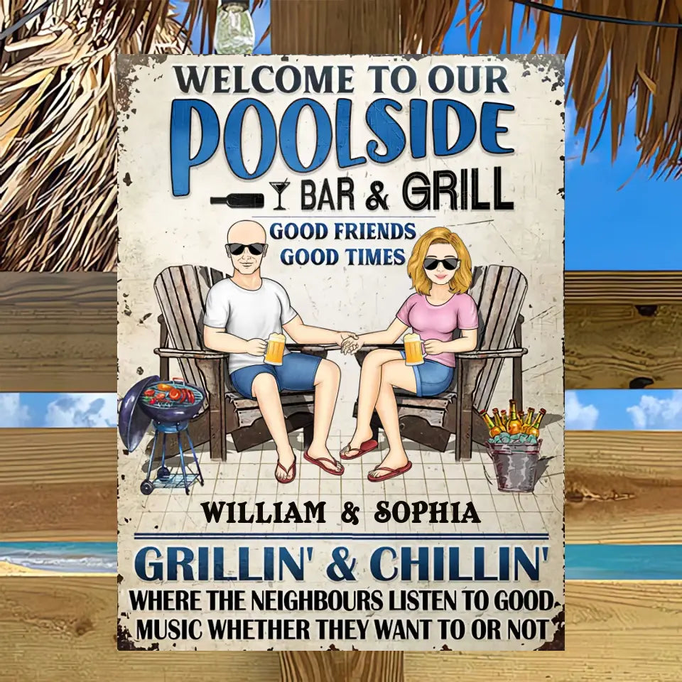 Swimming Poolside Family Couple Listen To The Good Music - Pool Sign - Personalized Custom Classic Metal Signs F139