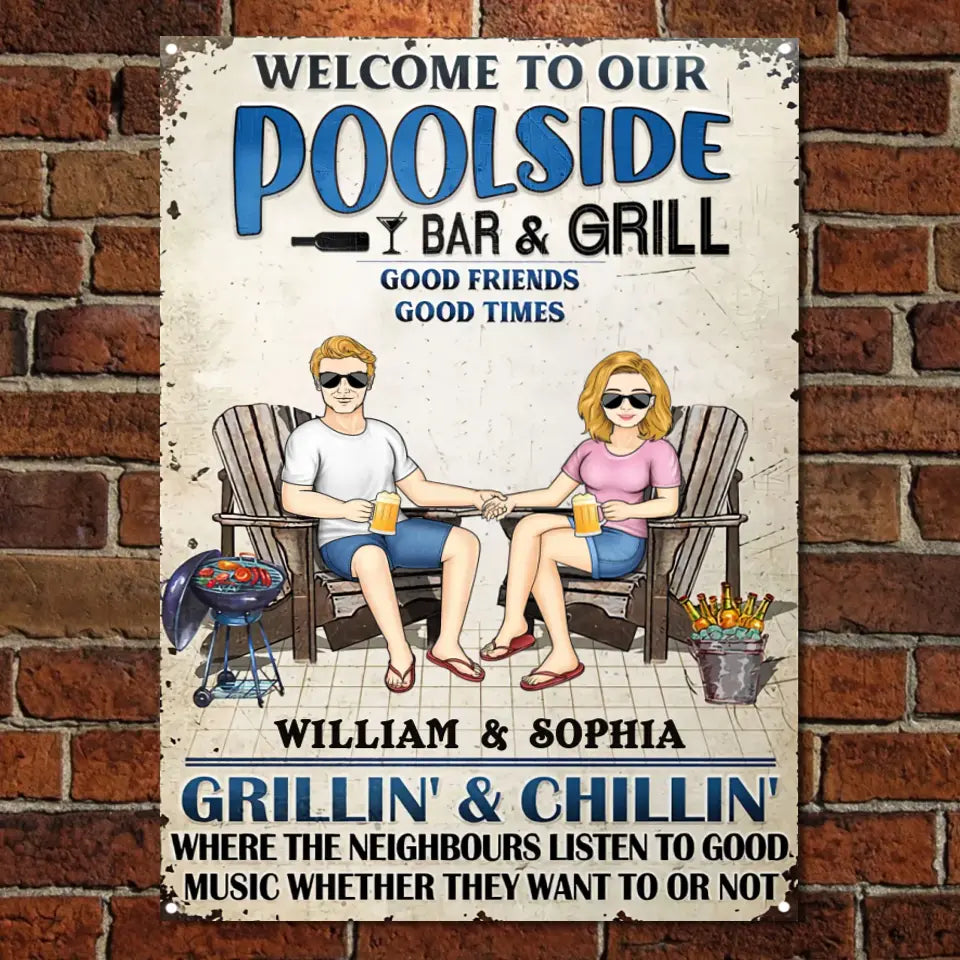 Swimming Poolside Family Couple Listen To The Good Music - Pool Sign - Personalized Custom Classic Metal Signs F139