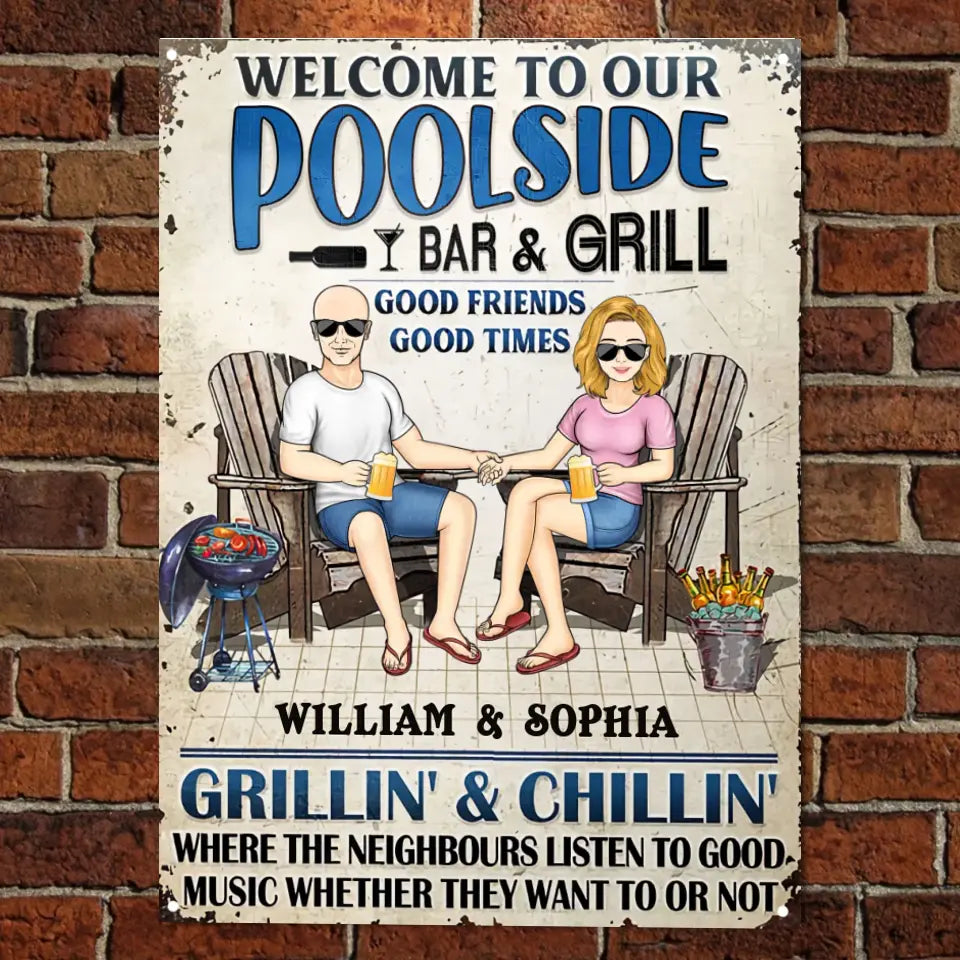 Swimming Poolside Family Couple Listen To The Good Music - Pool Sign - Personalized Custom Classic Metal Signs F139