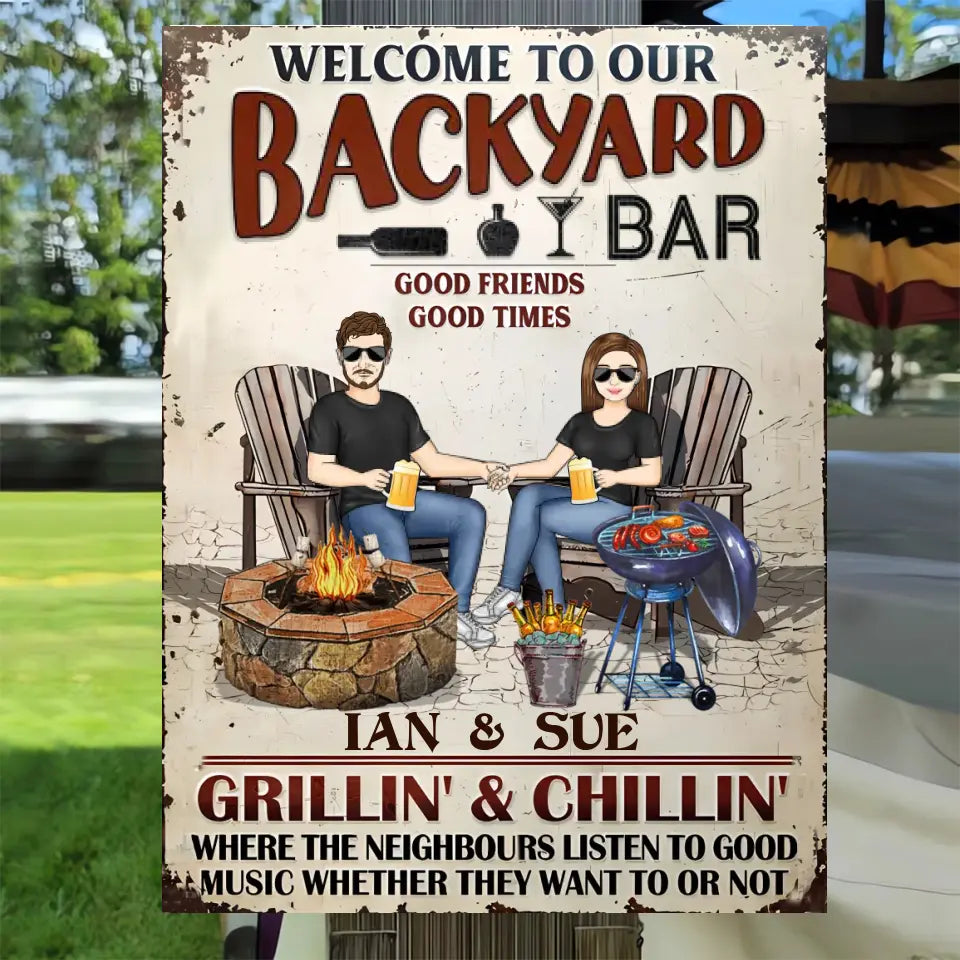 Backyard Bar Family Couple Listen To The Good Music - Patio Sign - Personalized Custom Classic Metal Signs ms-f127