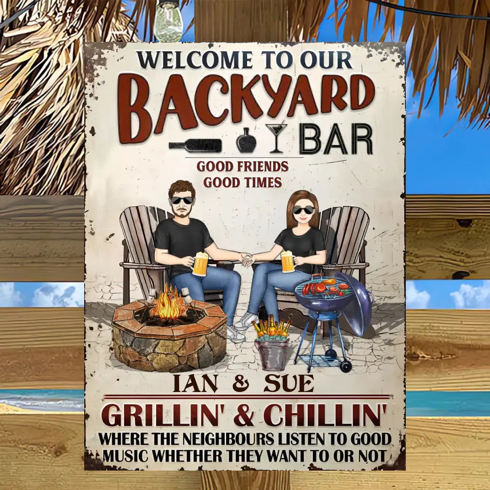 Backyard Bar Family Couple Listen To The Good Music - Patio Sign - Personalized Custom Classic Metal Signs ms-f127