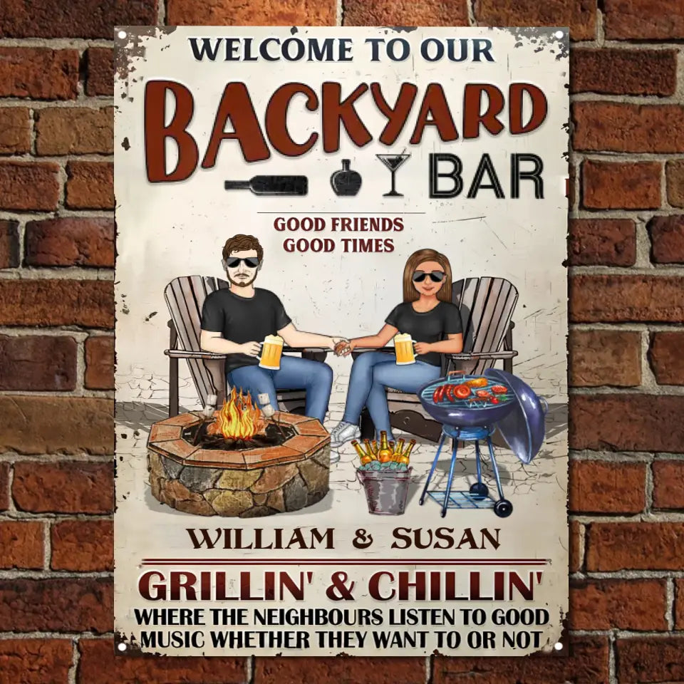 Backyard Bar Family Couple Listen To The Good Music - Patio Sign - Personalized Custom Classic Metal Signs ms-f127