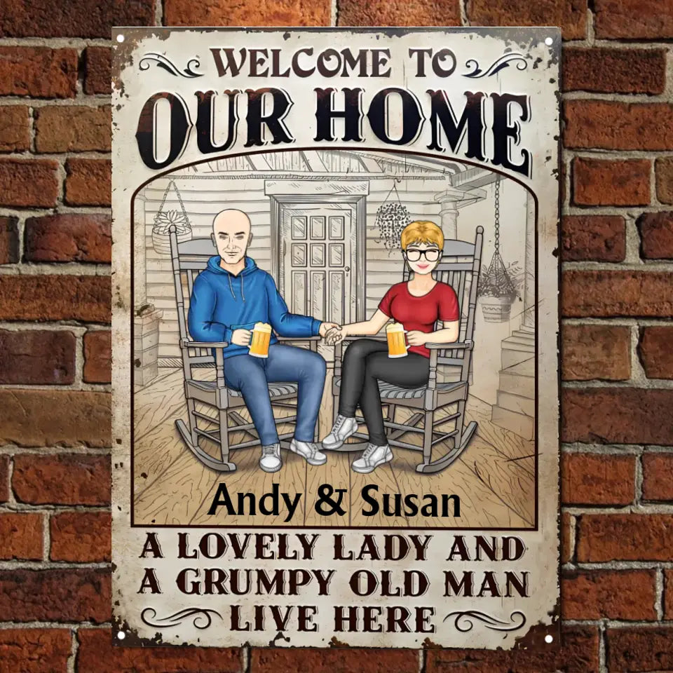 Family Couple A Lovely Lady And A Grumpy Old Man Live Here - Gift For Couples - Personalized Custom Classic Metal Signs MS-F228