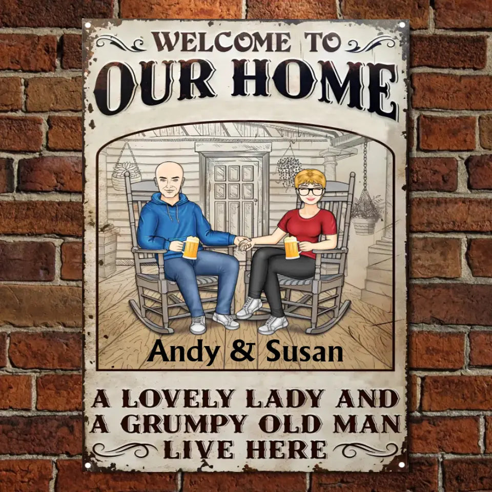 Family Couple A Lovely Lady And A Grumpy Old Man Live Here - Gift For Couples - Personalized Custom Classic Metal Signs MS-F228