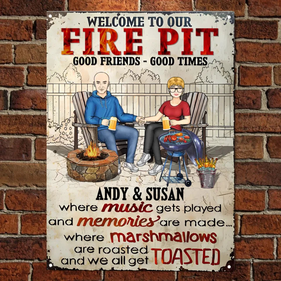 Fire Pit Grilling Family Couple Where Music Gets Played And Memories Are Made - Backyard Sign - Personalized Custom Classic Metal Signs MS-F231