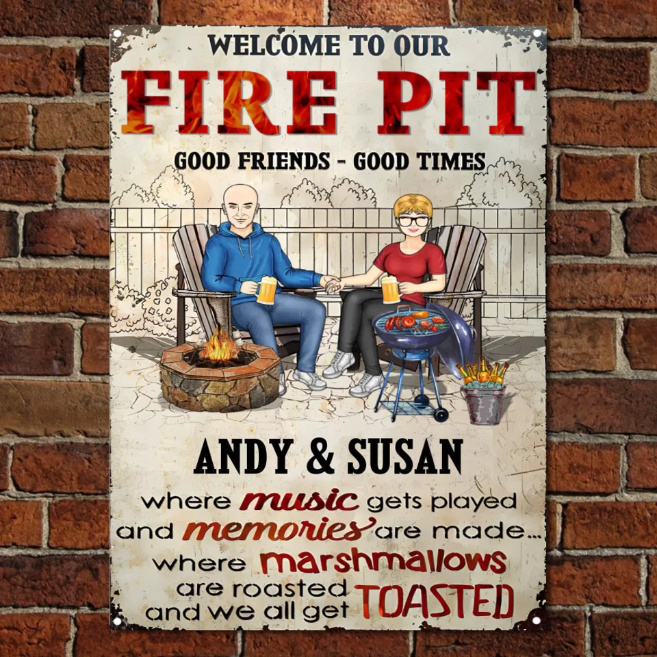 Fire Pit Grilling Family Couple Where Music Gets Played And Memories Are Made - Backyard Sign - Personalized Custom Classic Metal Signs MS-F231