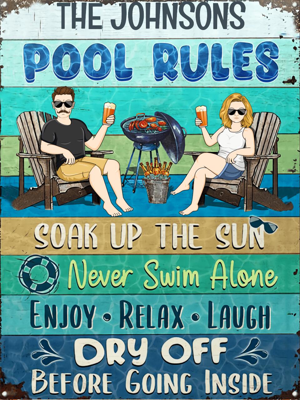 Pool Rules Soak Up The Sun Husband Wife Couple - Pool Sign - Personalized Custom Classic Metal Signs F40