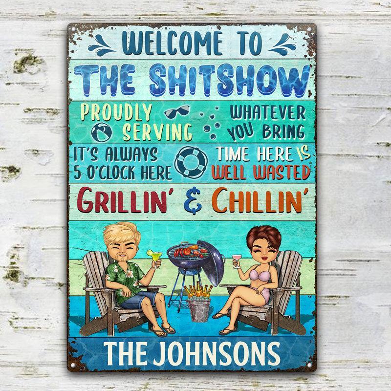 Poolside Proudly Serving Whatever You Bring Chibi Husband Wife Couple - Pool Sign - Personalized Custom Classic Metal Signs F37