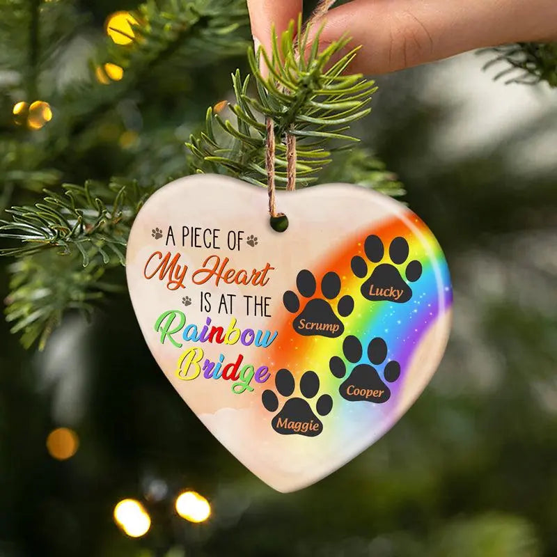 A Piece Of My Heart Is At The Rainbow Bridge - Dog Memorial Gift - Personalized Heart Ceramic Ornament - o5