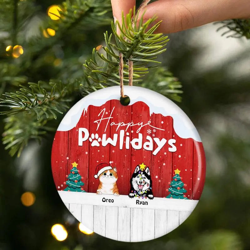 Happy Pawlidays - Christmas Gift For Dog Lovers & Cat Lovers - Personalized Custom Circle Ceramic Ornament - O7