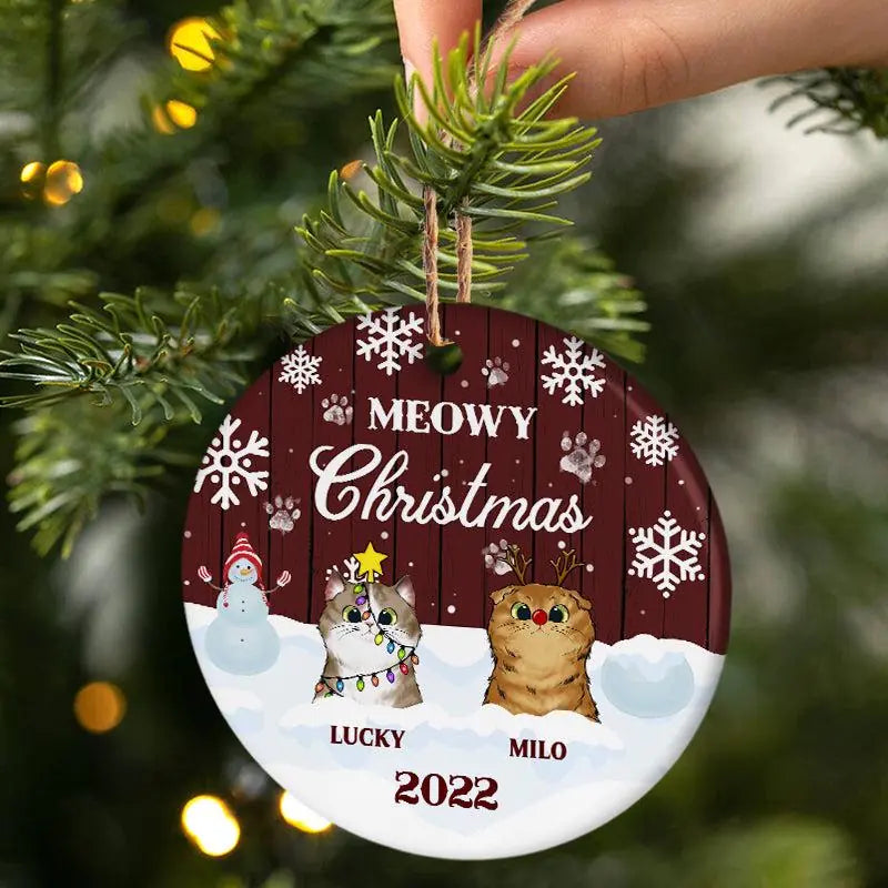 Meowy Christmas - Christmas Gift For Cat Lovers - Personalized Custom Circle Ceramic Ornament - O6