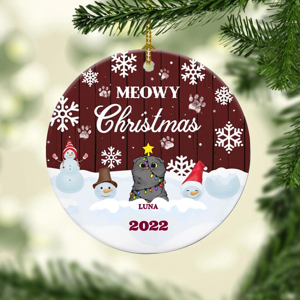 Meowy Christmas - Christmas Gift For Cat Lovers - Personalized Custom Circle Ceramic Ornament - O6