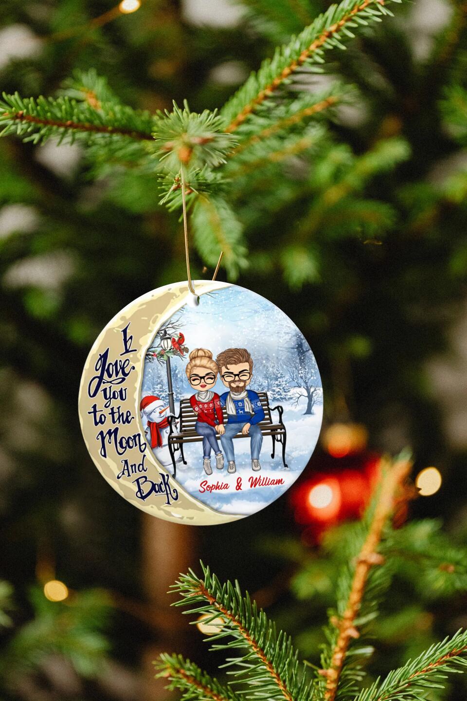 Christmas Chibi Couple I Love You To The Moon And Back - Christmas Gift For Couple - Personalized Custom Circle Ceramic Ornament - OF18