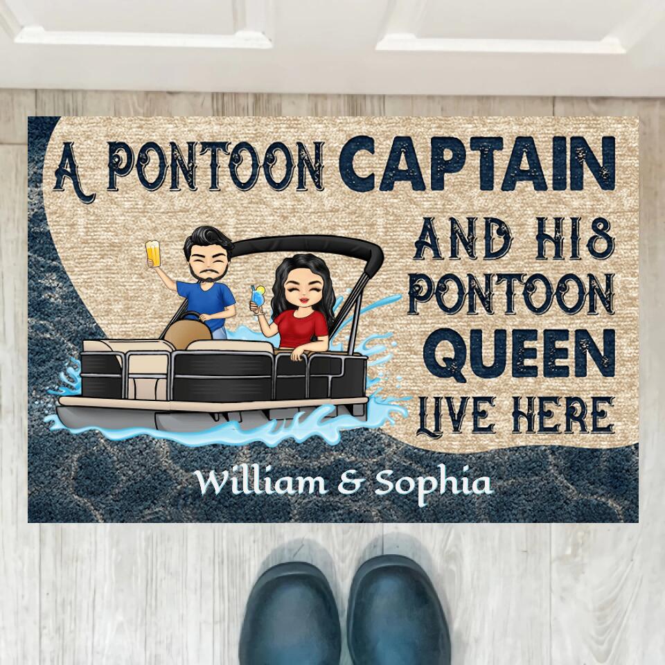 A Pontoon Captain And His Pontoon Queen Live Here - Couple Gift - Personalized Custom Doormat DF2