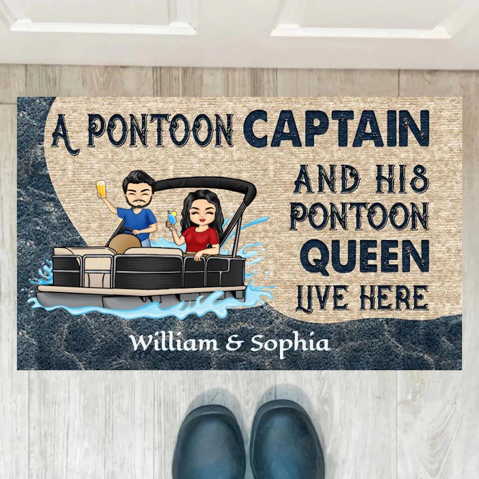 A Pontoon Captain And His Pontoon Queen Live Here - Couple Gift - Personalized Custom Doormat DF2