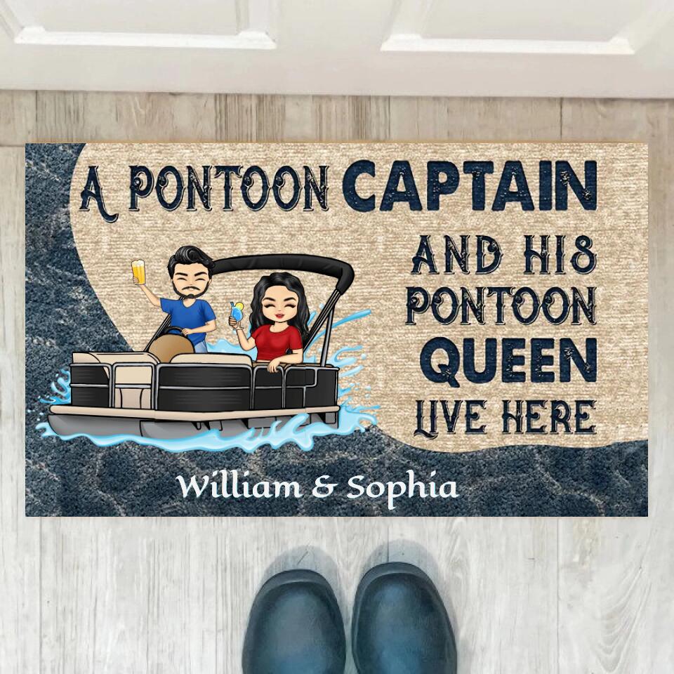 A Pontoon Captain And His Pontoon Queen Live Here - Couple Gift - Personalized Custom Doormat DF2