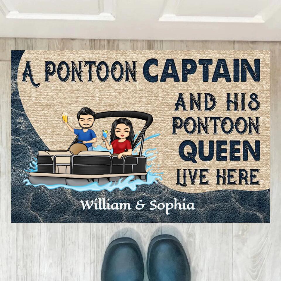 A Pontoon Captain And His Pontoon Queen Live Here - Couple Gift - Personalized Custom Doormat DF2