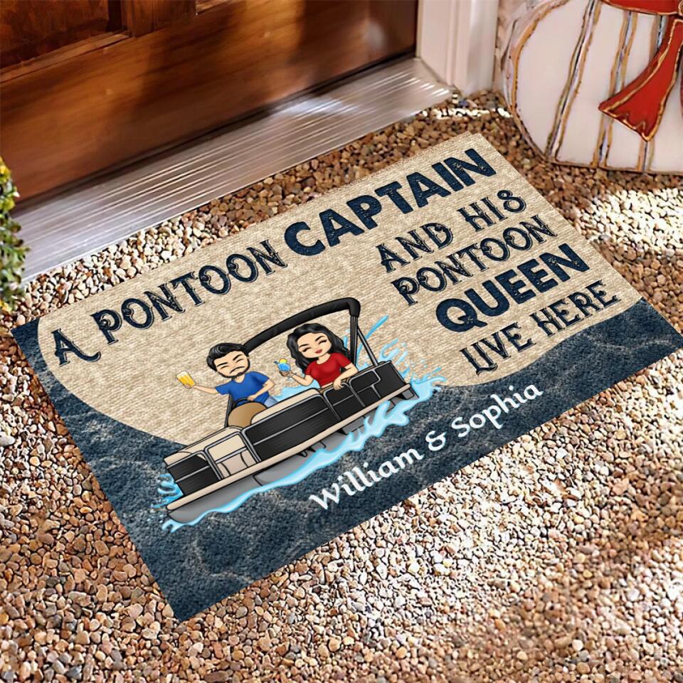 A Pontoon Captain And His Pontoon Queen Live Here - Couple Gift - Personalized Custom Doormat DF2