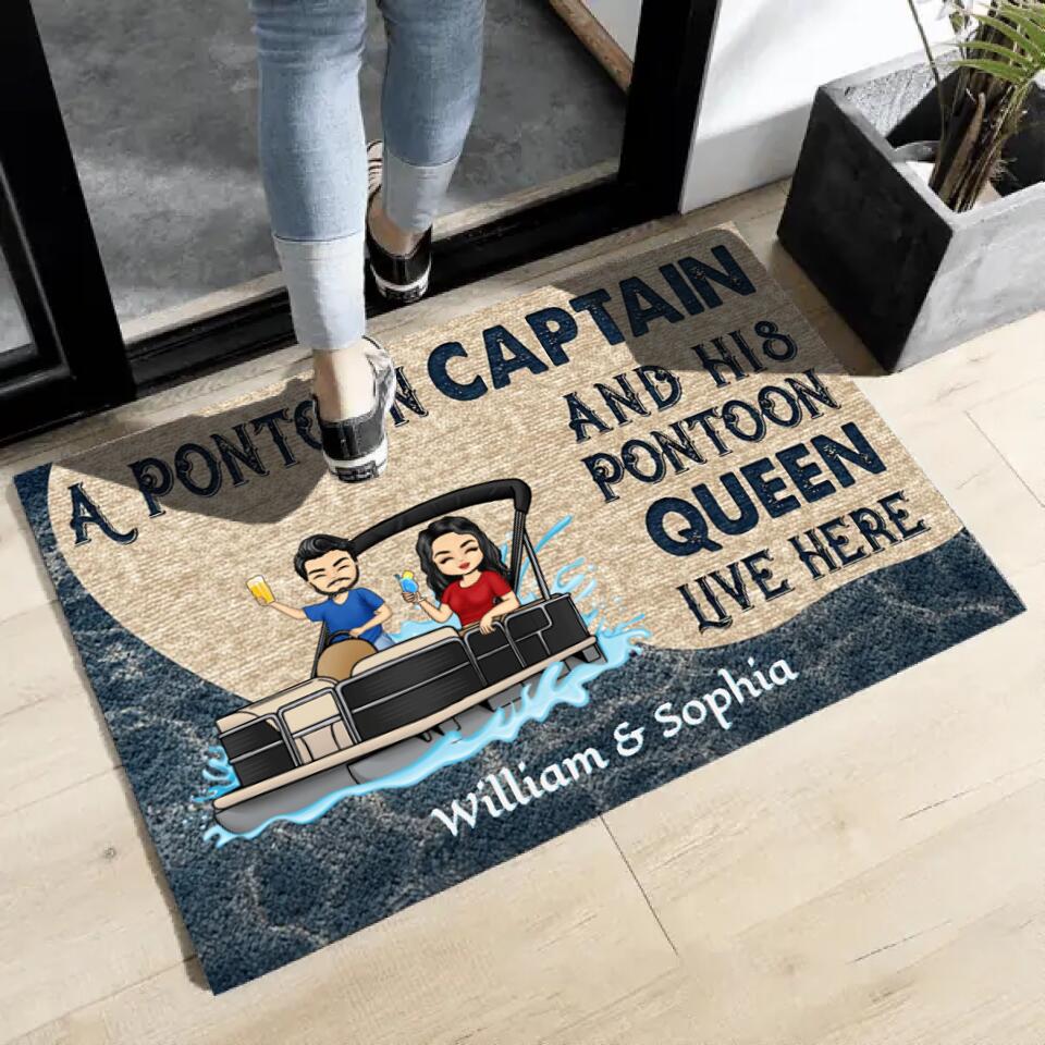 A Pontoon Captain And His Pontoon Queen Live Here - Couple Gift - Personalized Custom Doormat DF2