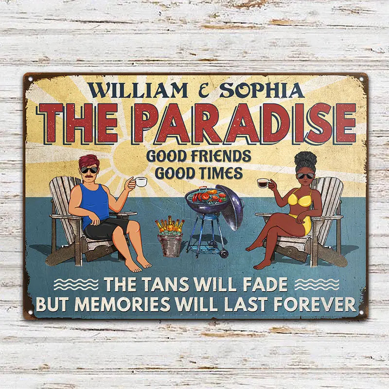 Poolside Grilling The Tans Will Fade Couple Husband Wife - Backyard Sign - Personalized Custom Classic Metal Signs F80