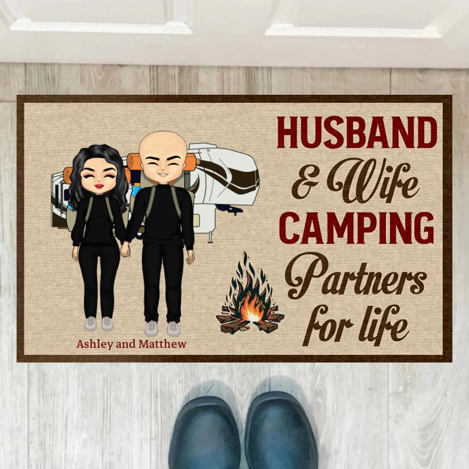 Camping Chibi Couple Partners For Life - Couple Gift - Personalized Custom Doormat d-f16