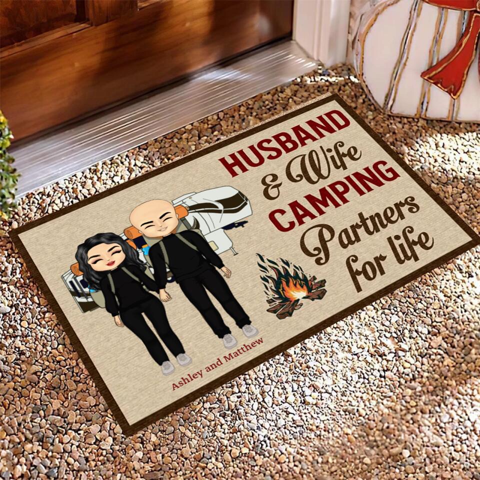 Camping Chibi Couple Partners For Life - Couple Gift - Personalized Custom Doormat d-f16