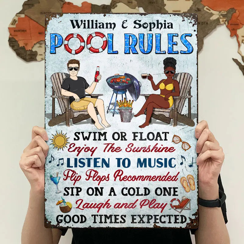 Pool Rules Grilling Swim Or Float Enjoy The Sunshine Couple Husband Wife - Backyard Sign - Personalized Custom Classic Metal Signs F86