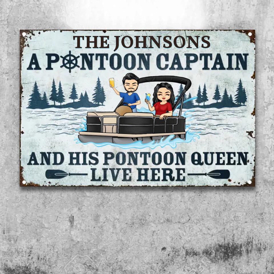 A Pontoon Captain And His Pontoon Queen Live Here - Couple Gift - Personalized Custom Classic Metal Signs F73